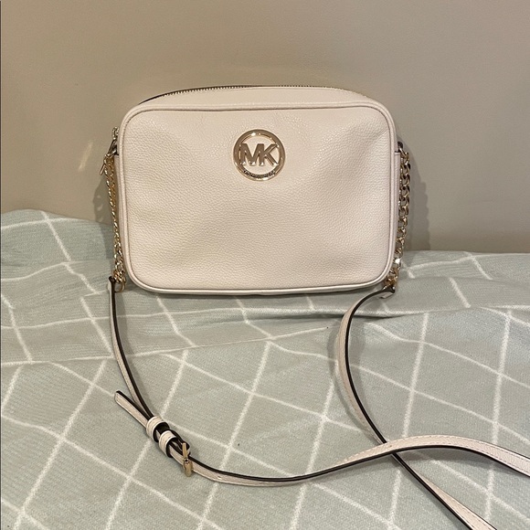 Michael Kors Handbags - Michael Kors Cream Pebbled Leather Logo Crossbody Bag